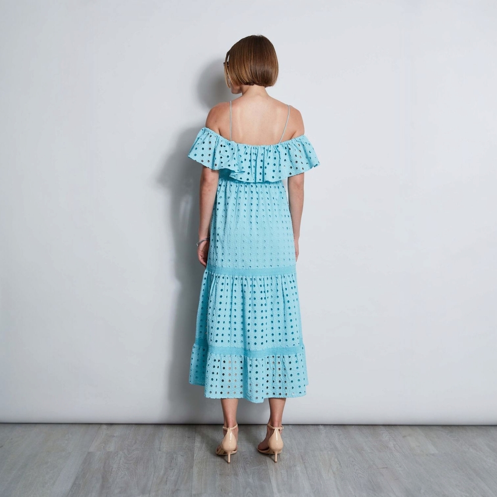T Tahari Women's Eyelet Midi Dress – Blue Haze, Size M | Elegant Cotton Summer - Picture 6 of 7